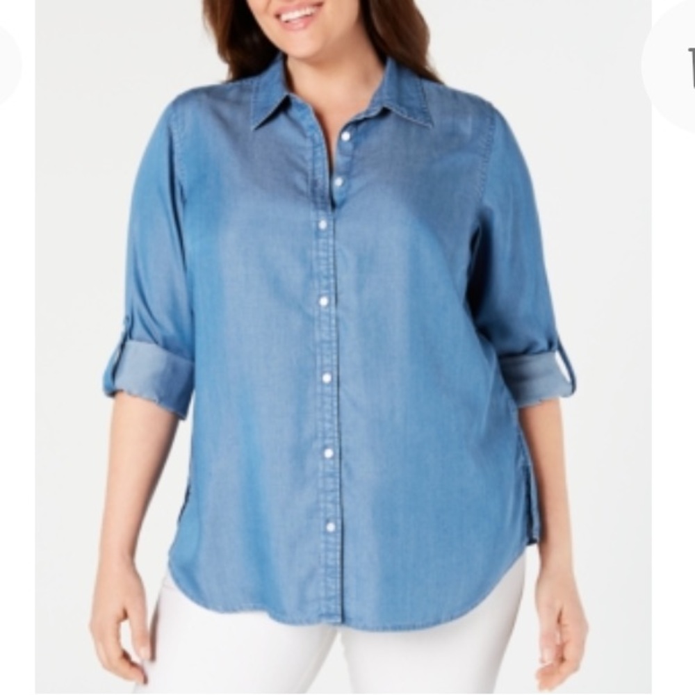 NEW Charter Club Chambray Button Front Top with Roll Tab Sleeves, Size 0X, Blue
